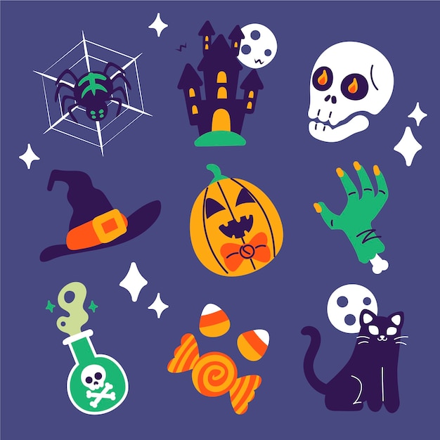 Colección de elementos planos de halloween dibujados a mano