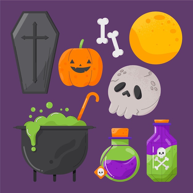 Colección de elementos planos de halloween dibujados a mano