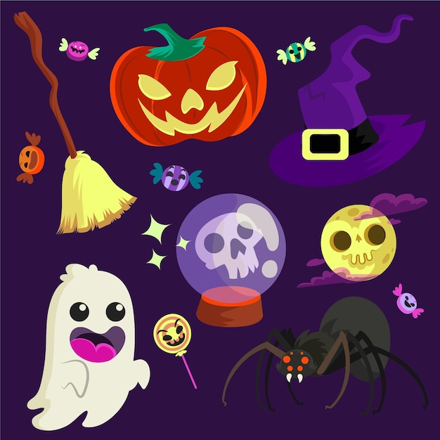 Colección de elementos planos de halloween dibujados a mano