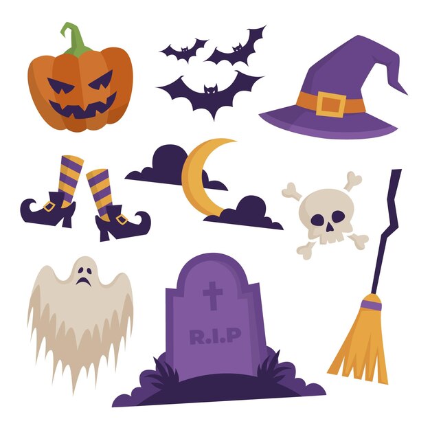 Colección de elementos planos de halloween dibujados a mano