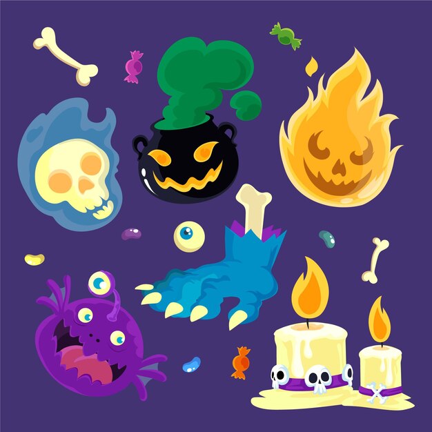 Colección de elementos planos de halloween dibujados a mano