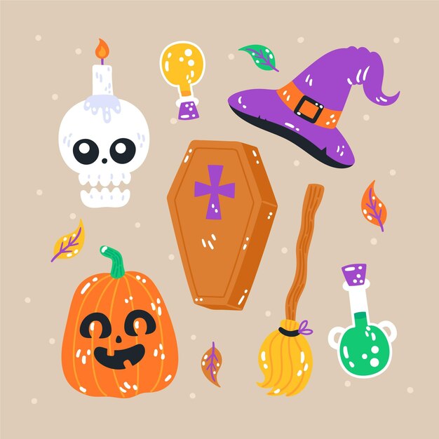 Colección de elementos planos de halloween dibujados a mano