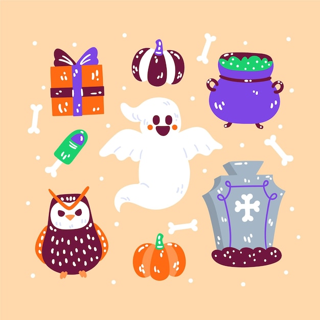 Vector gratuito colección de elementos planos de halloween dibujados a mano