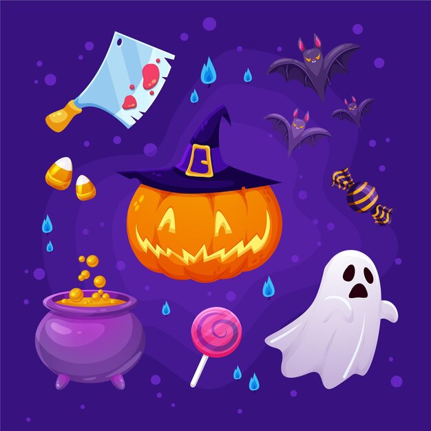 Colección de elementos planos de halloween dibujados a mano
