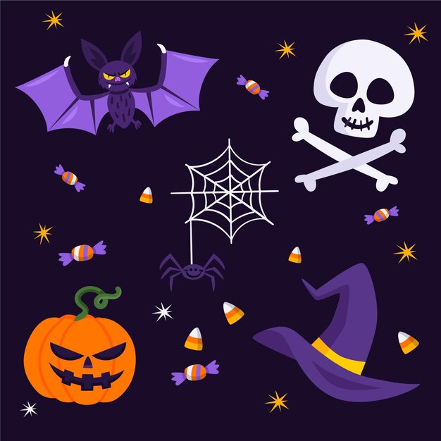 Colección de elementos planos de halloween dibujados a mano