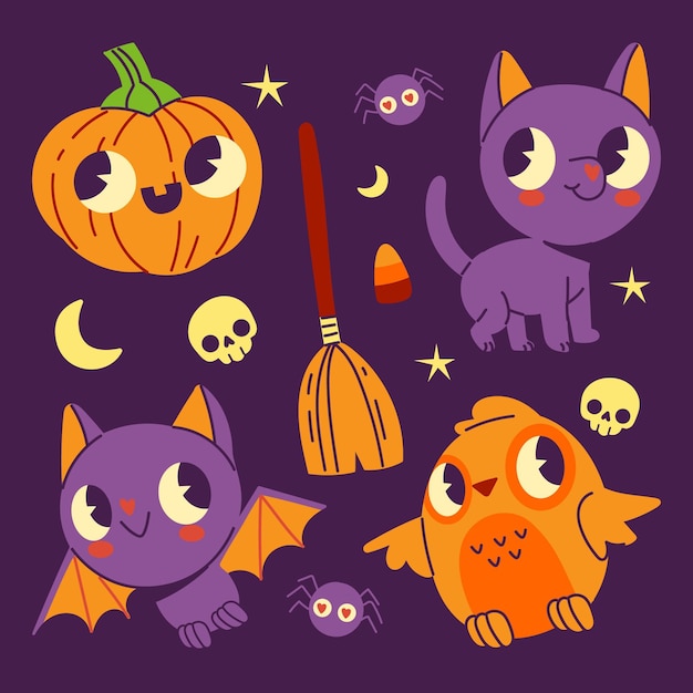 Vector gratuito colección de elementos planos de halloween dibujados a mano