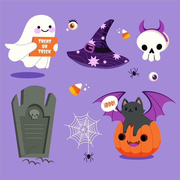 Colección de elementos planos de halloween dibujados a mano