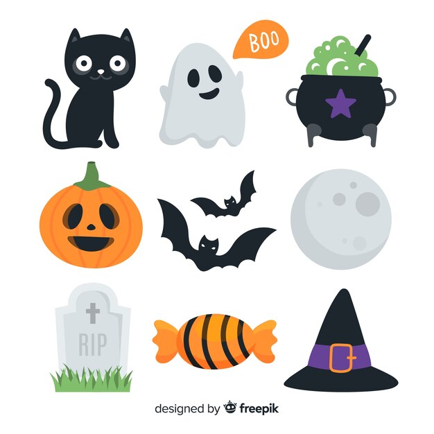 Colección de elementos planos de Halloween sobre un fondo blanco