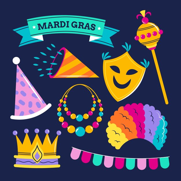 Colección de elementos planos de mardi gras