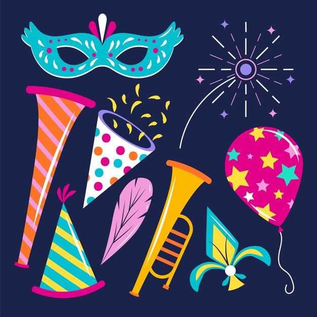 Colección de elementos planos de mardi gras