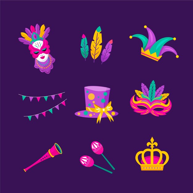 Colección de elementos planos de mardi gras