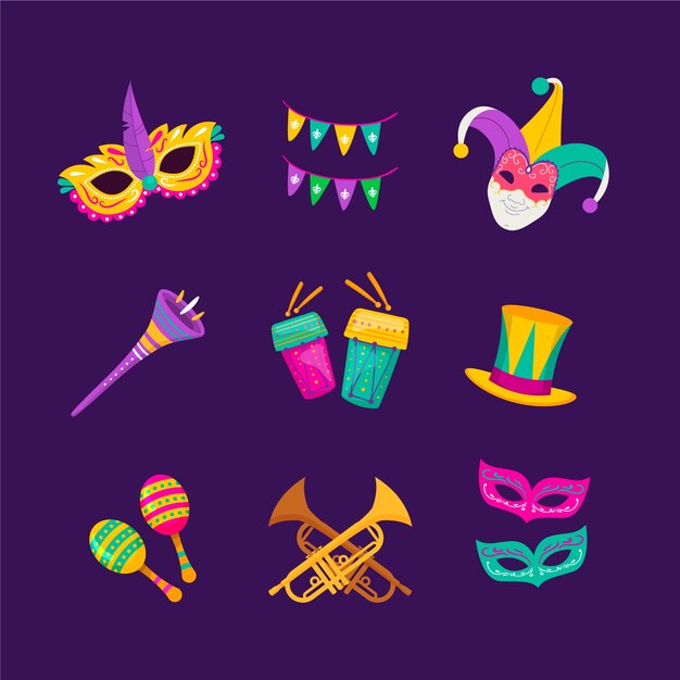 Colección de elementos planos de mardi gras