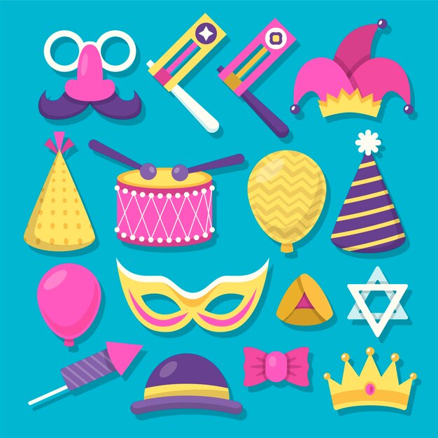 Colección de elementos planos de purim