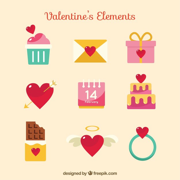 Colección de elementos planos de san valentín con lindas ilustraciones