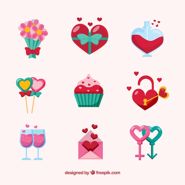 Vector gratuito colección de elementos planos de san valentín