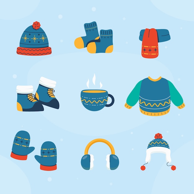 Colección de elementos planos para la temporada de invierno.
