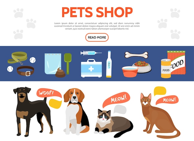 Vector gratuito colección de elementos planos de la tienda de mascotas con perros lindos gatos collar de comida para animales correa equipo médico