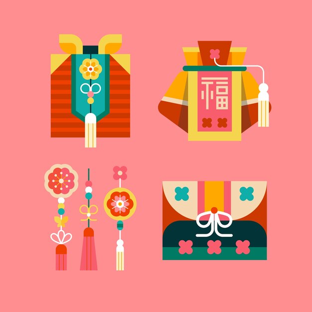 Colección de elementos planos para las vacaciones coreanas de Seollal