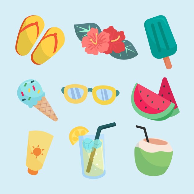 Colección de elementos planos de verano