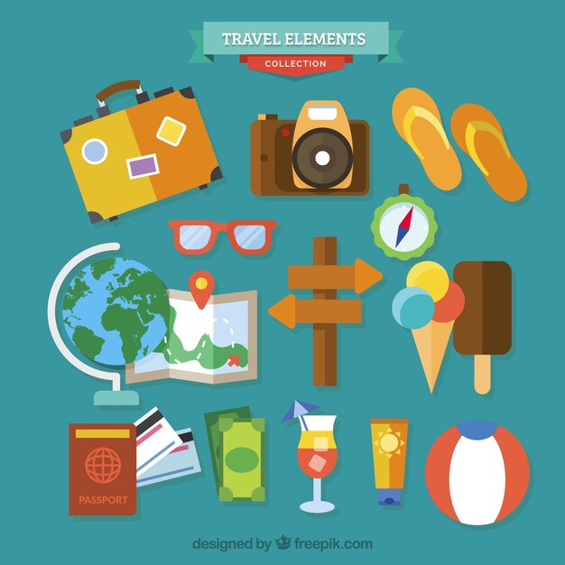 Colección de elementos planos de viaje de verano