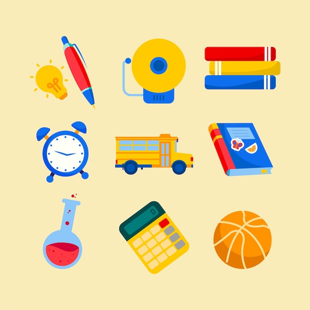 Colección de elementos planos de vuelta al cole
