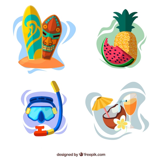 Vector gratuito colección de elementos de playa con ropa y comida