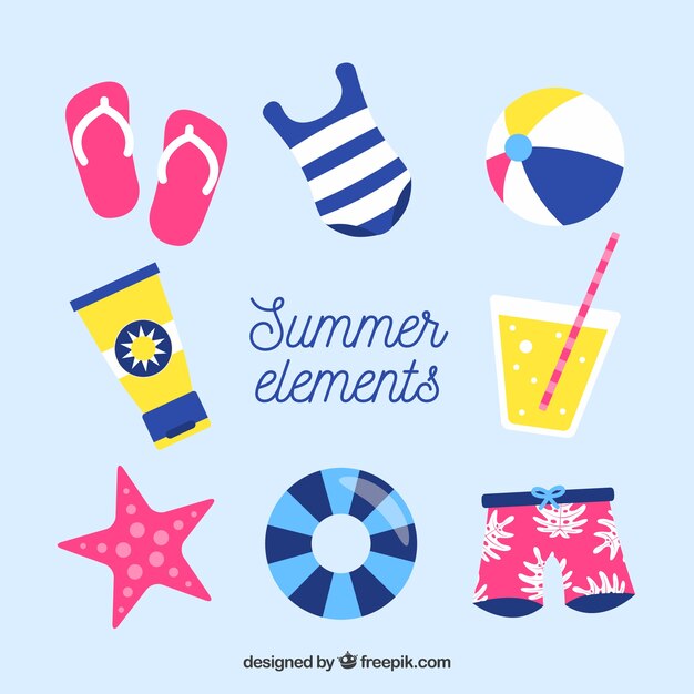 Colección de elementos de playa con ropa en estilo plano
