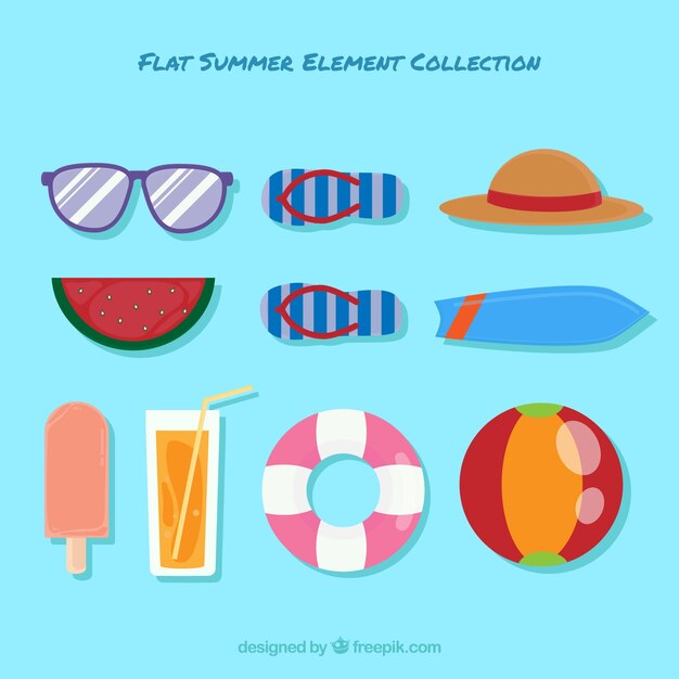 Colección de elementos de playa con ropa en estilo plano