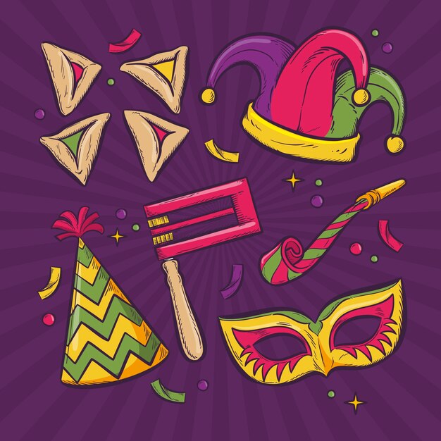 Colección de elementos de purim dibujados a mano