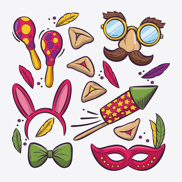 Colección de elementos de purim dibujados a mano