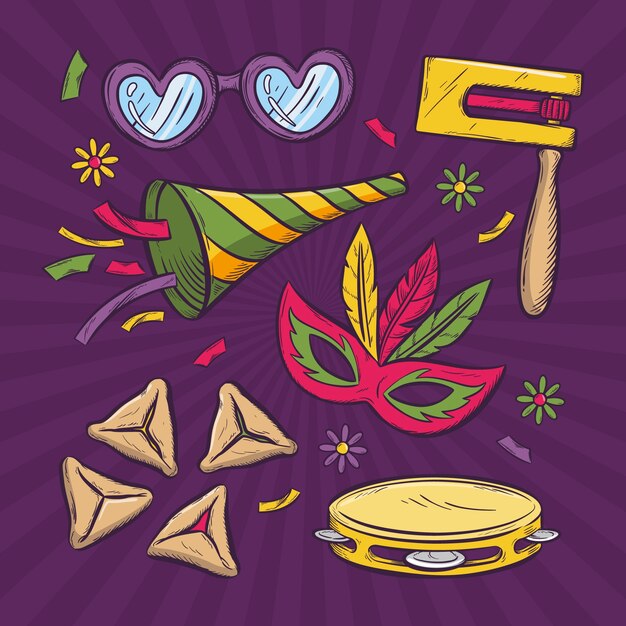 Colección de elementos de purim dibujados a mano