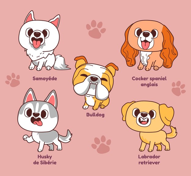 Colección de elementos de razas de perros dibujados a mano