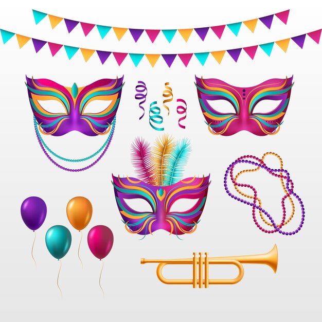 Colección de elementos realistas para la fiesta de carnaval