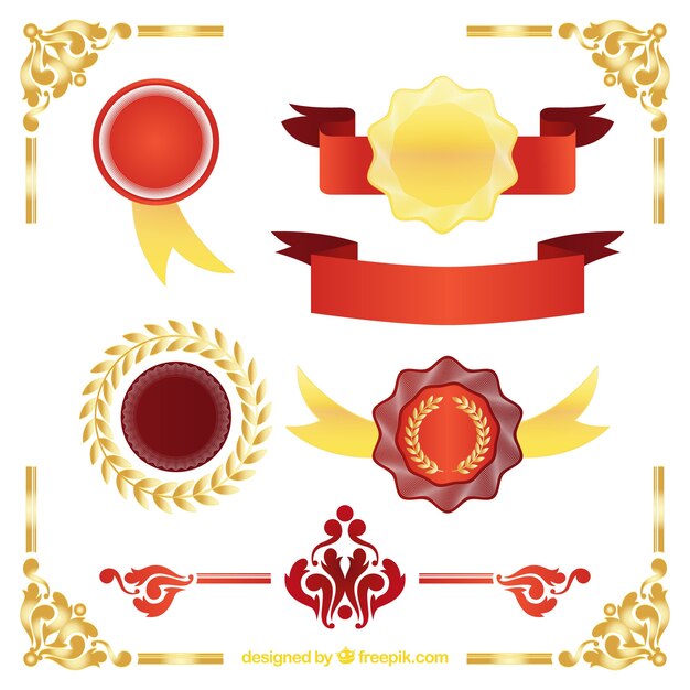 Colección de elementos rojos y dorados de certificado