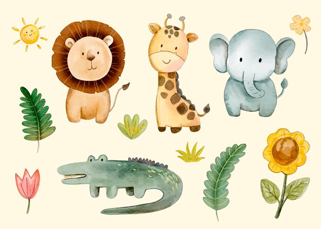 Colección de elementos de safari en acuarela
