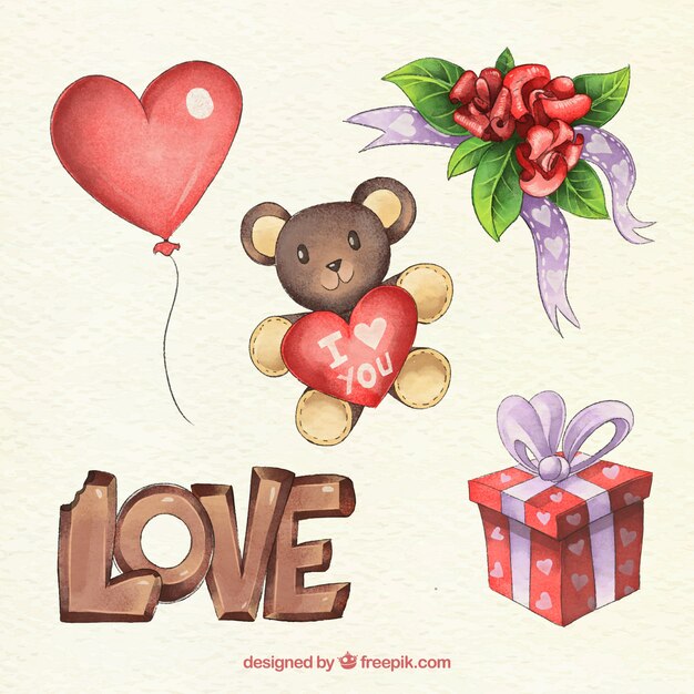Colección de elementos de san valentín en acuarela