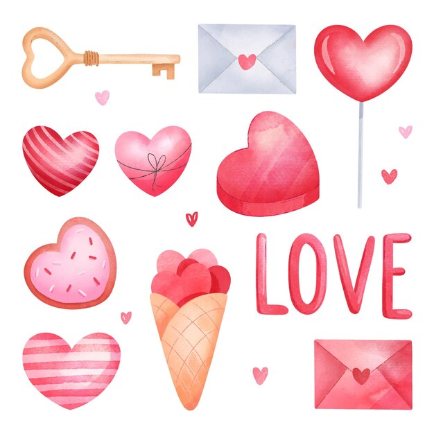 Colección de elementos de san valentín en acuarela
