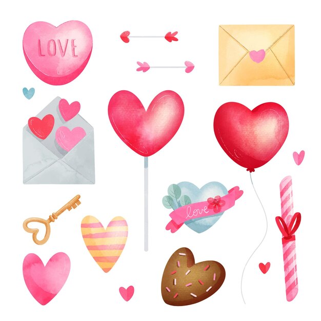 Colección de elementos de san valentín en acuarela
