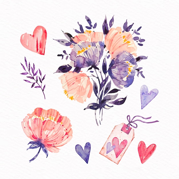 Colección de elementos de san valentín en acuarela