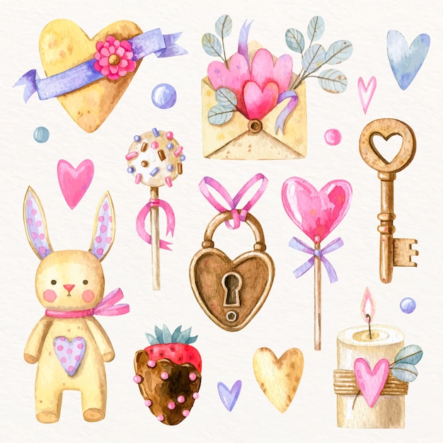 Colección de elementos de san valentín en acuarela