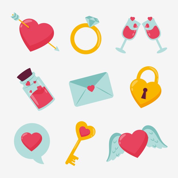 Colección de elementos de san valentín en diseño plano