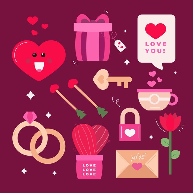 Colección de elementos de san valentín en diseño plano