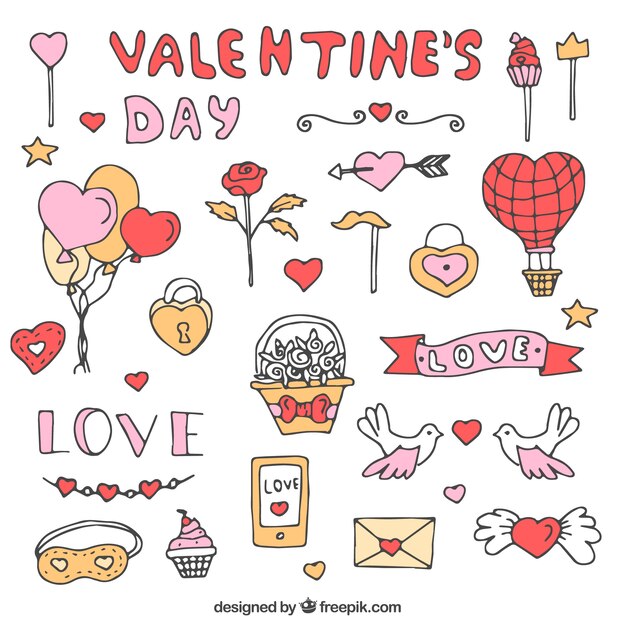 Colección de elementos de san valentín con estilo garabato