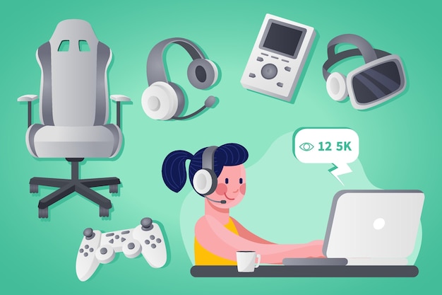 Colección de elementos de streamer de juego plano orgánico