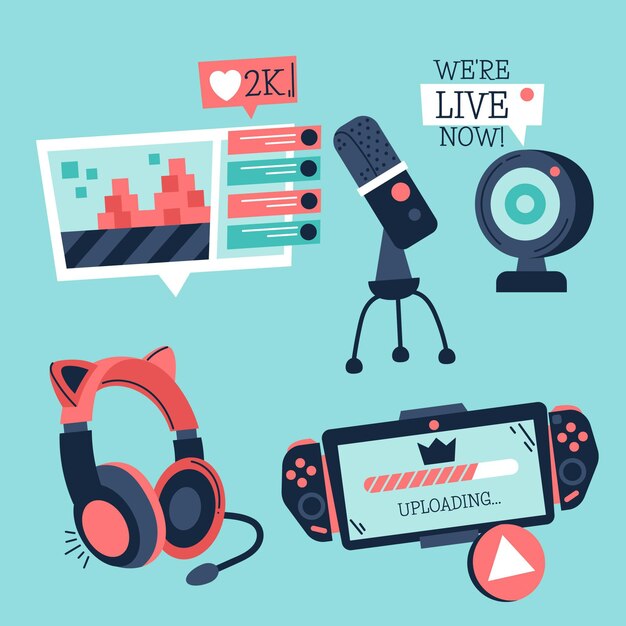Colección de elementos de streamer de juego plano orgánico