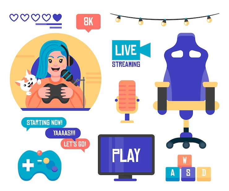 Vector gratuito colección de elementos de streamer de juego plano