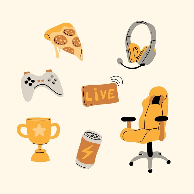Colección de elementos de streamer de juegos dibujados a mano