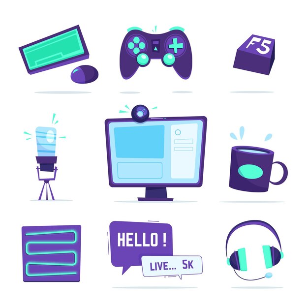 Colección de elementos de streamer de juegos dibujados a mano