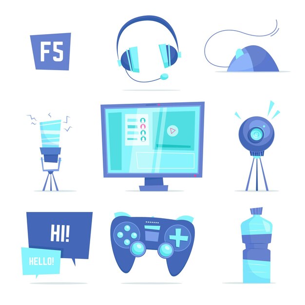 Colección de elementos de streamer de juegos dibujados a mano