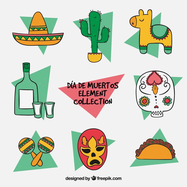 Colección de elementos típicos mexicanos dibujados a mano
